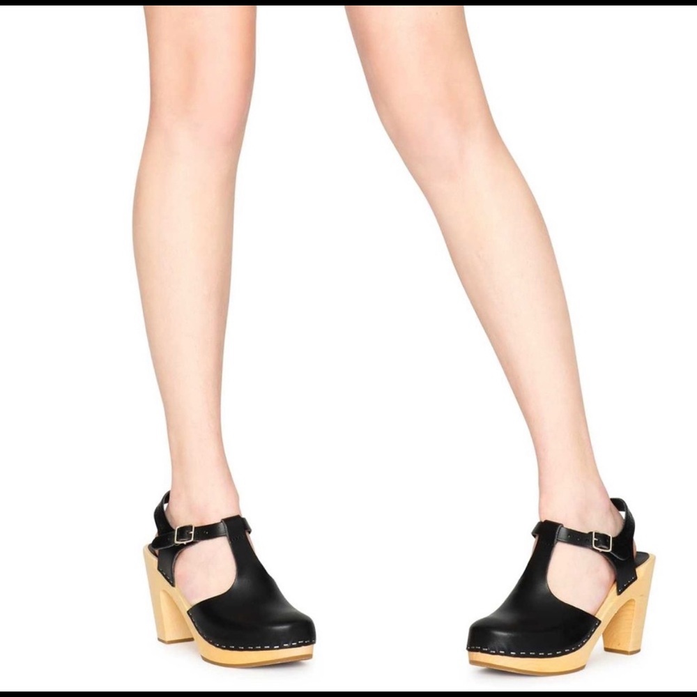 Swedish Hasbeens t-strap sky high wooden clogs